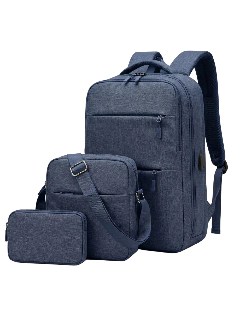 3-Piece USB Charging Backpack Set – Laptop Bag, Shoulder Bag & Pouch