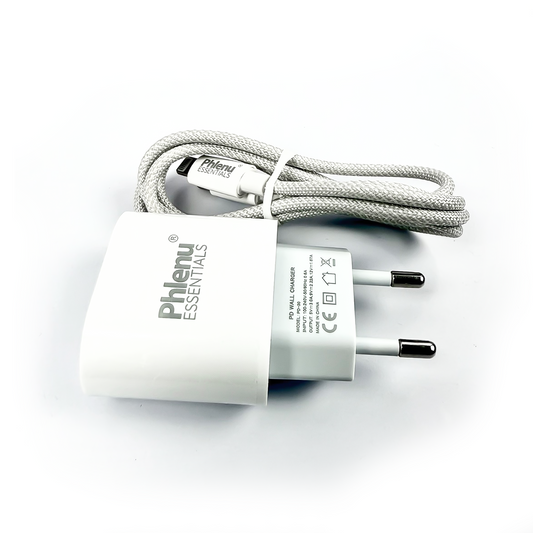 Phlenu Essentials® 20W Fast Charging Adapter + Braided Cable Combo (Lightning for iPhone)