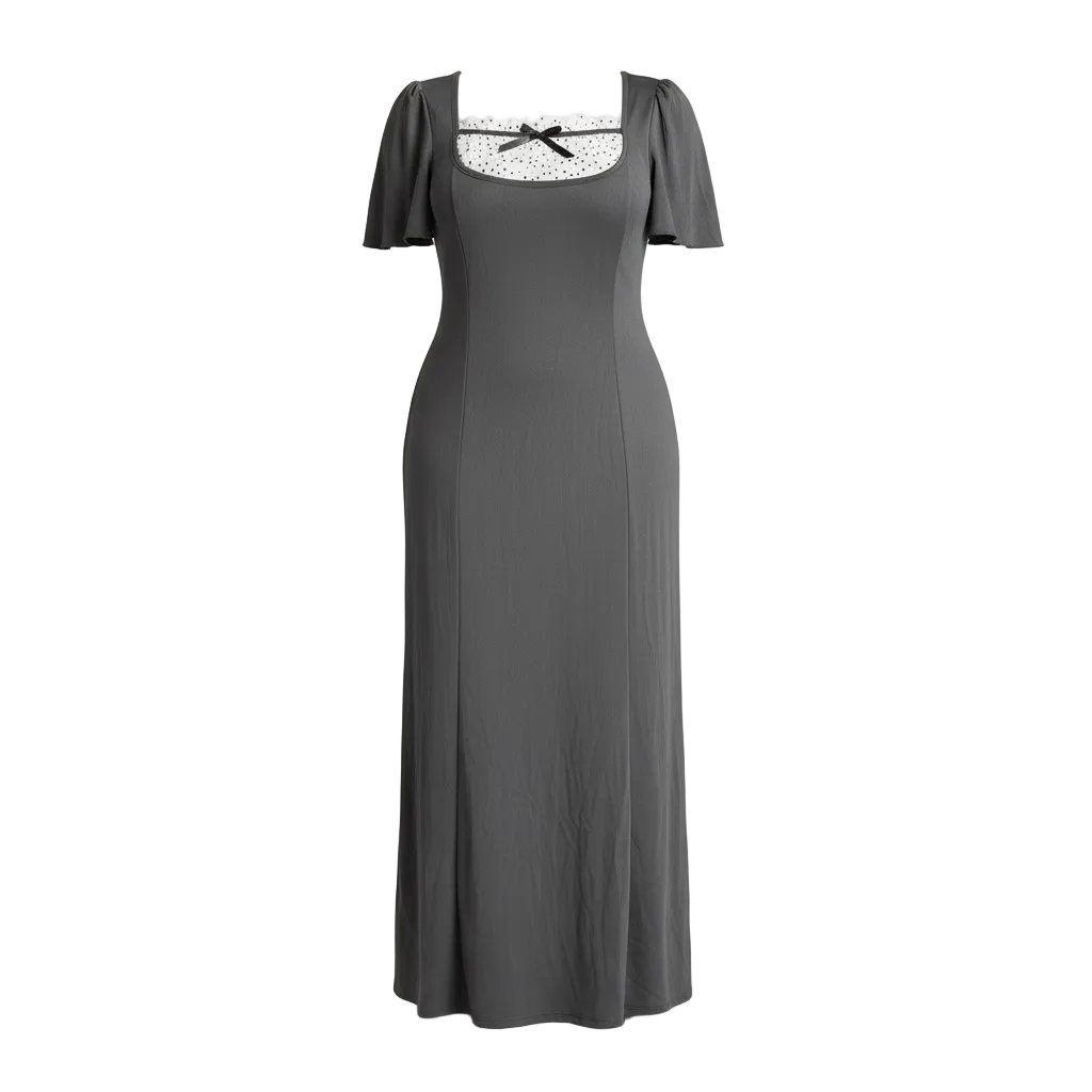 Charcoal Lace-Trim Puff Sleeve Maxi Dress