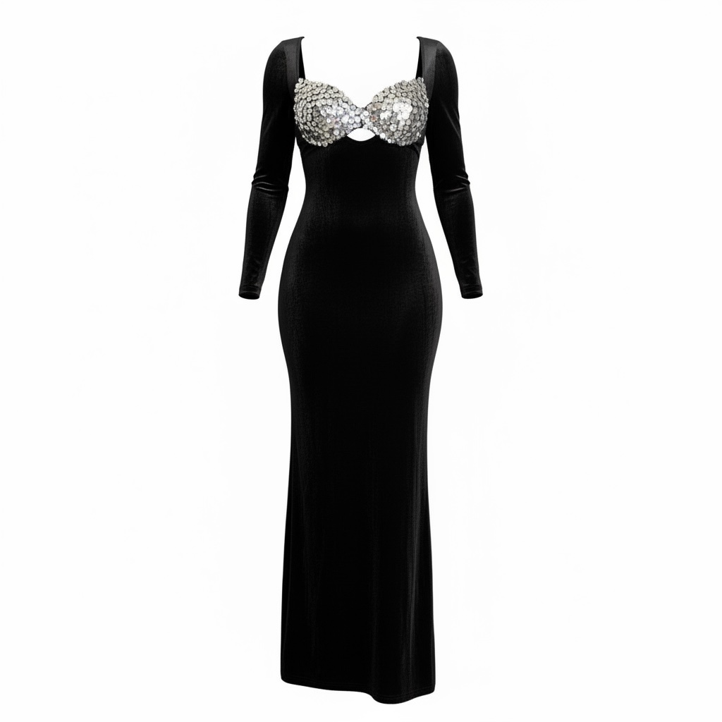 Black Velvet Crystal Cut-Out Gown