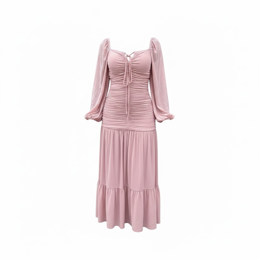 Dusty Rose Ruched Puff Sleeve Midi Dress