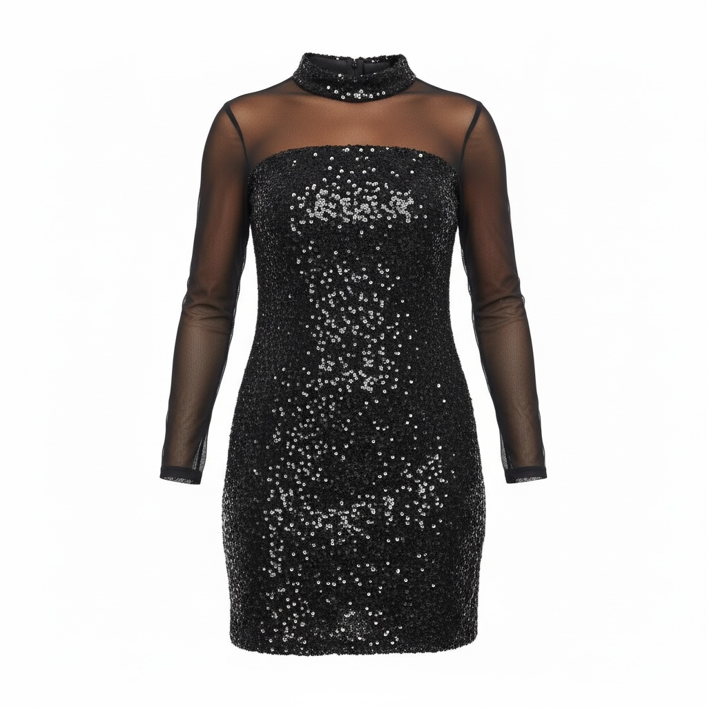 Black Sequin Illusion Midi Dress