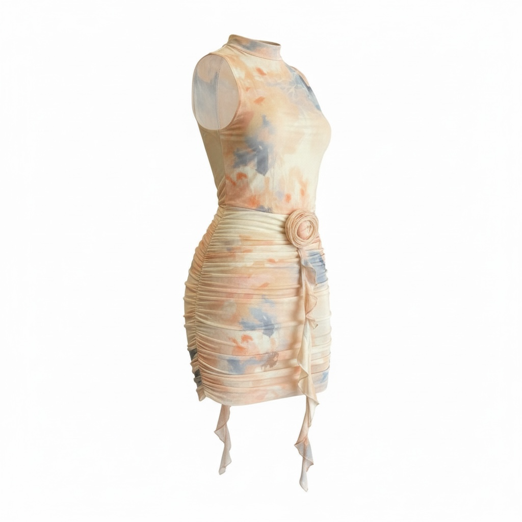 Sunset Bloom Ruched Mesh Mini Dress with Rosette Detail