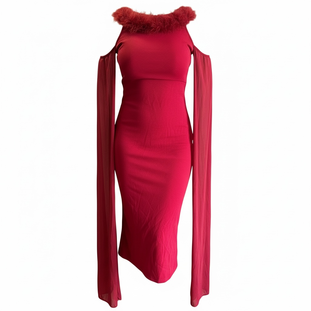 Crimson Feather-Trim Capelet Bodycon Midi Dress