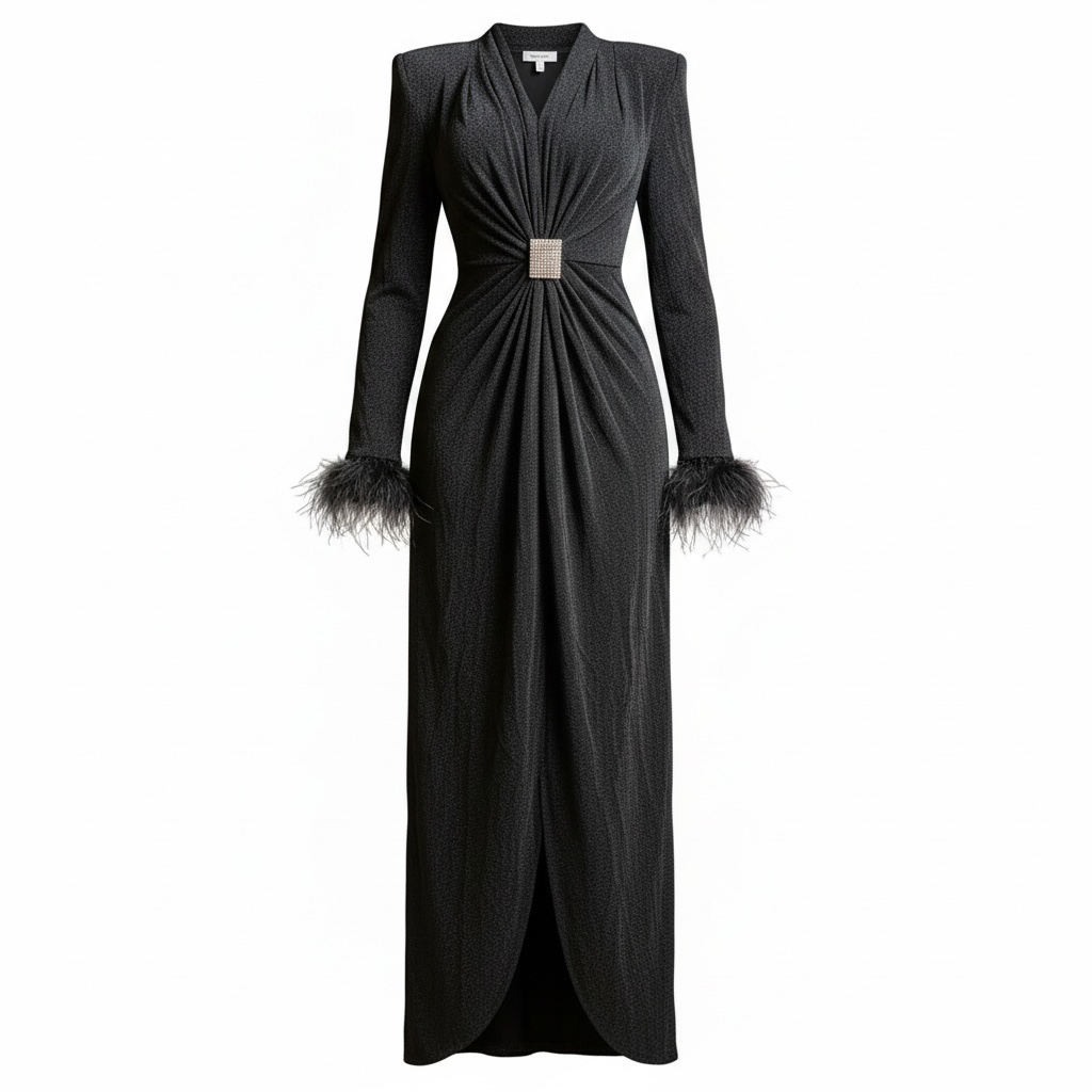 Charcoal Shimmer Feather-Trim Maxi Gown