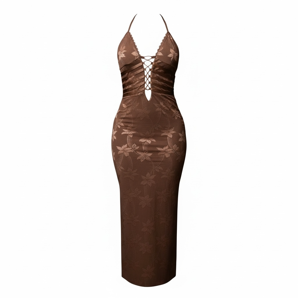 Chocolate Lace-Up Halter Maxi Dress