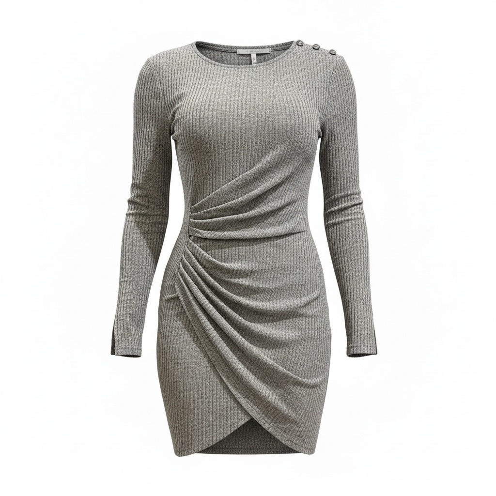 Grey Drape Ribbed Mini Dress