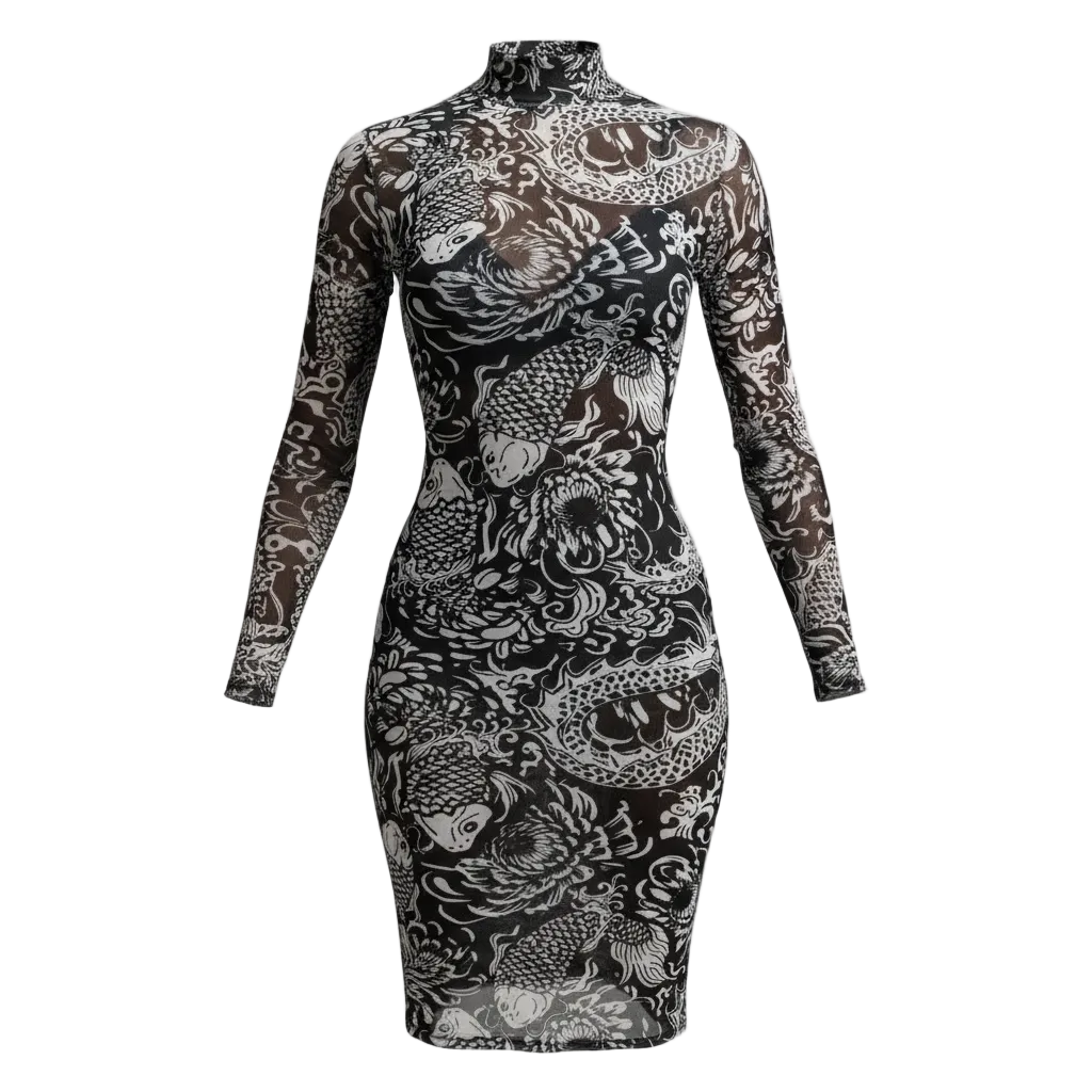 "Ink & Scale" Dragon Print Mesh Midi Dress