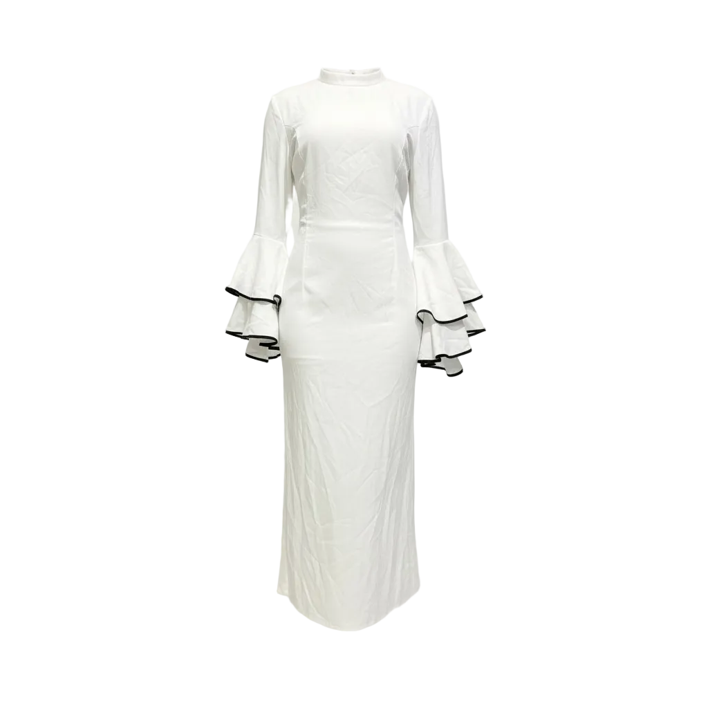 Crisp White Quilted Bell-Sleeve Maxi Dress