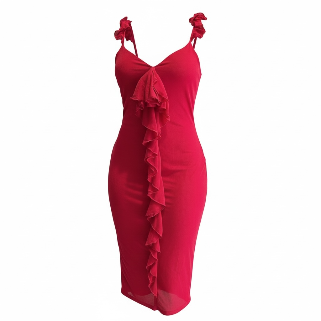 Fiery Red Ruffle Cascade Midi Dress