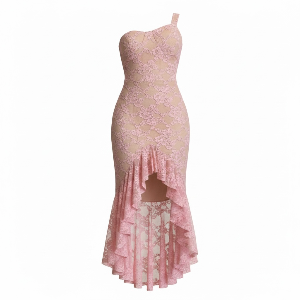 Blush Pink One-Shoulder Lace Gown