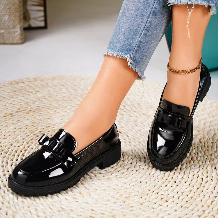 Women’s Glossy Bow Chunky Loafers – Slip-On Shoes