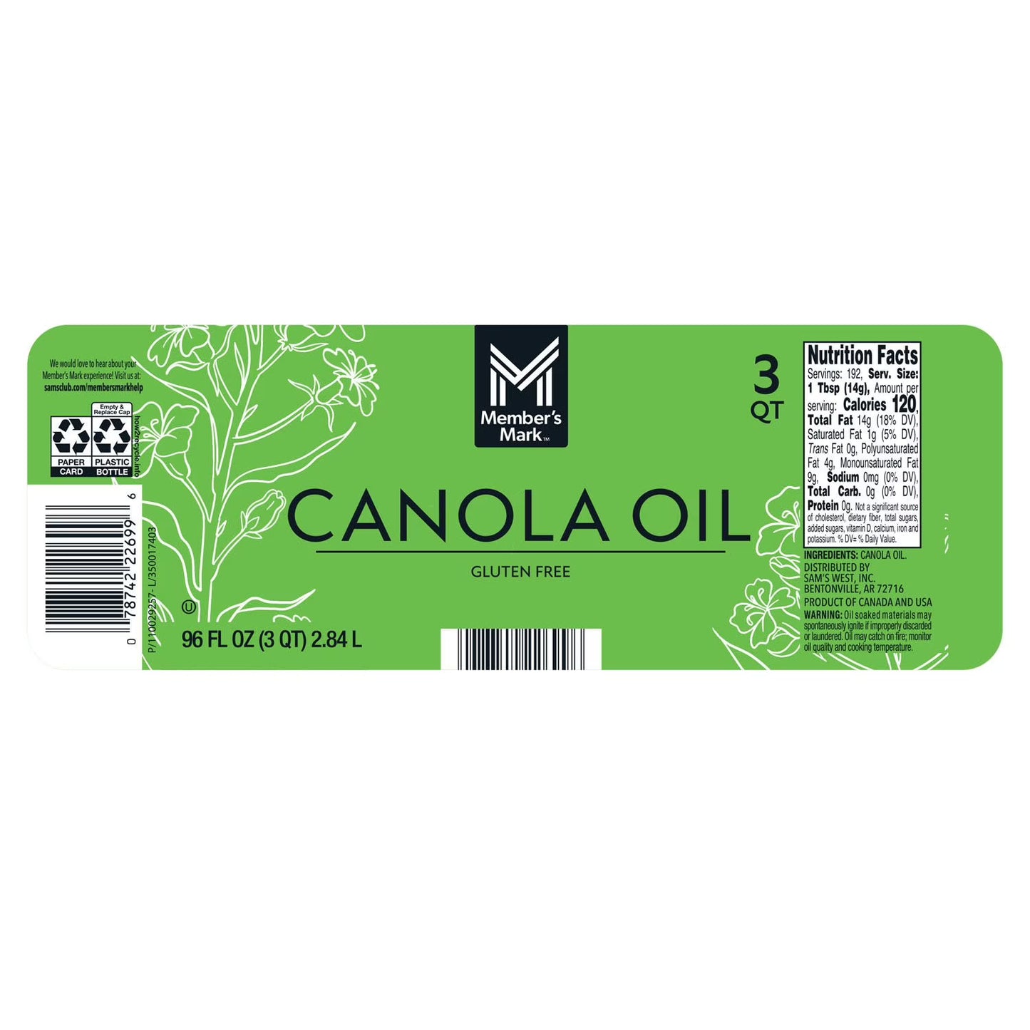 Member’s Mark™ Canola Oil – 2 Pack (3QT Each)  192 fl. oz