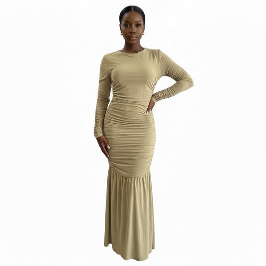 Khaki Ruched Off-Shoulder Maxi Gown