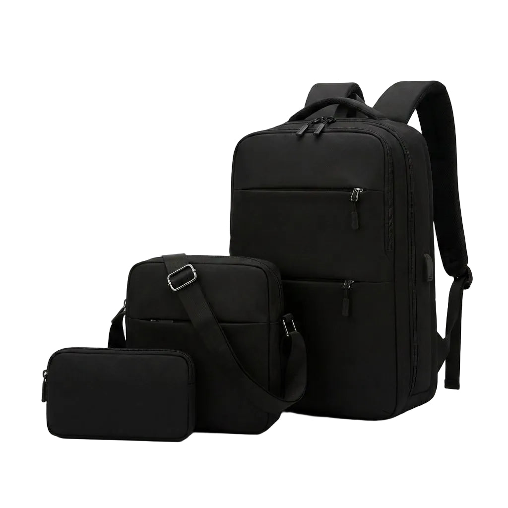 3-Piece USB Charging Backpack Set – Laptop Bag, Shoulder Bag & Pouch