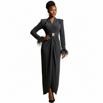 Charcoal Shimmer Feather-Trim Maxi Gown