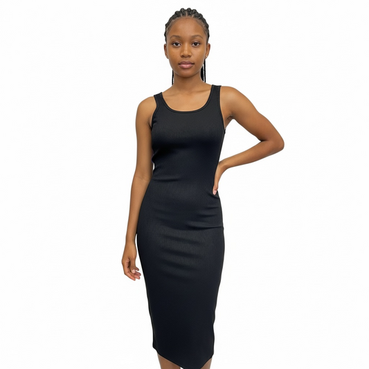 Black Ribbed Scoop-Neck Midi Dress