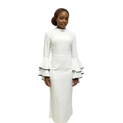 Crisp White Quilted Bell-Sleeve Maxi Dress