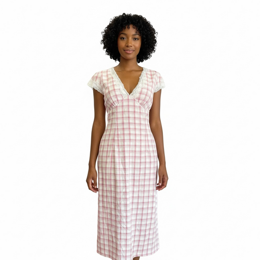 Pink Plaid Lace-Trim Midi Dress – "Effie Charm"