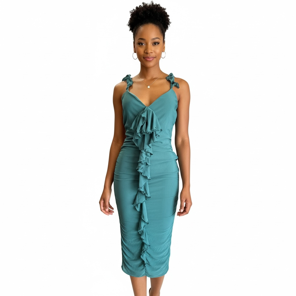 Teal Ruffle Cascade Midi Dress
