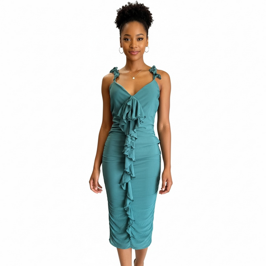 Teal Ruffle Cascade Midi Dress
