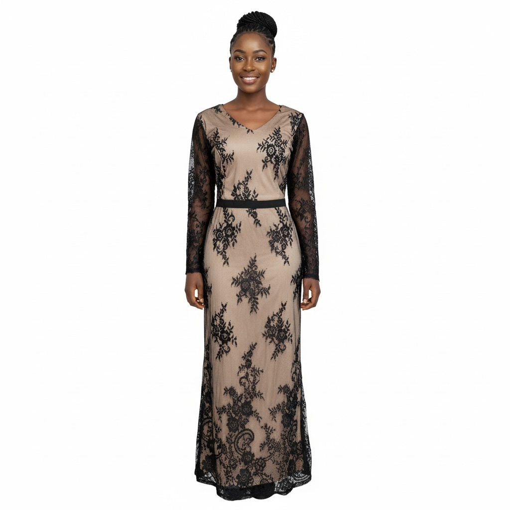 Elegant Nude & Black Lace Overlay Maxi Gown