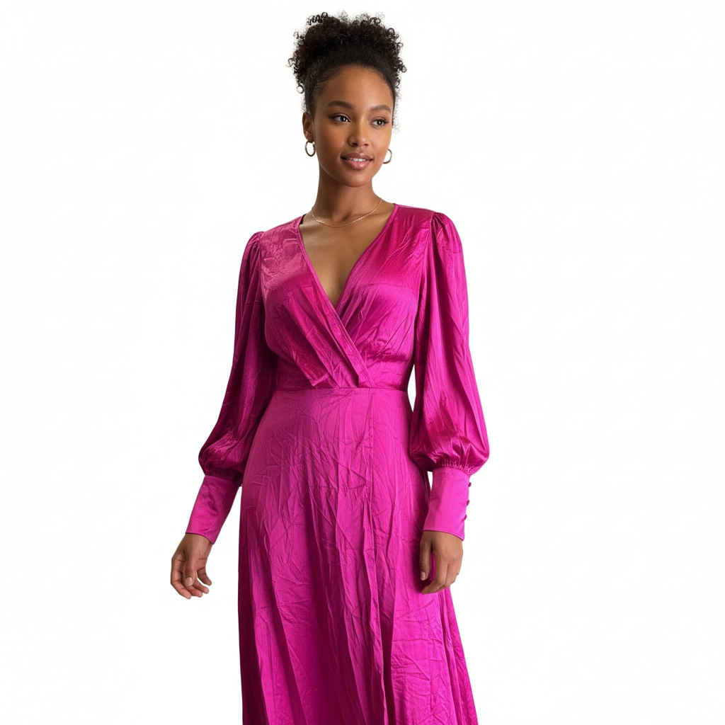 Vibrant Fuchsia Satin Wrap Maxi Dress