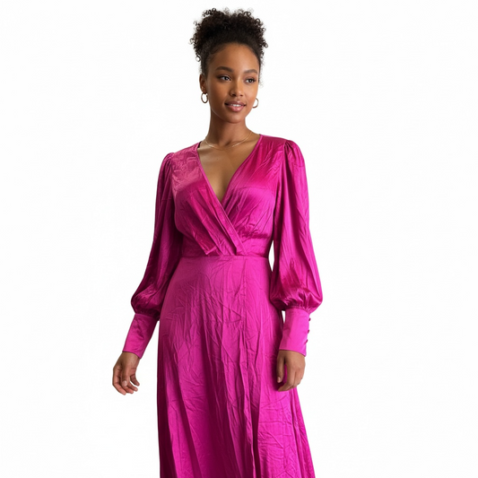 Vibrant Fuchsia Satin Wrap Maxi Dress