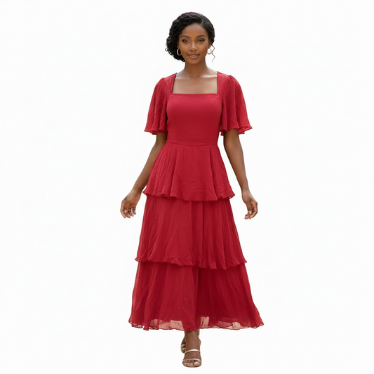 Crimson Tiered Ruffle Maxi Dress