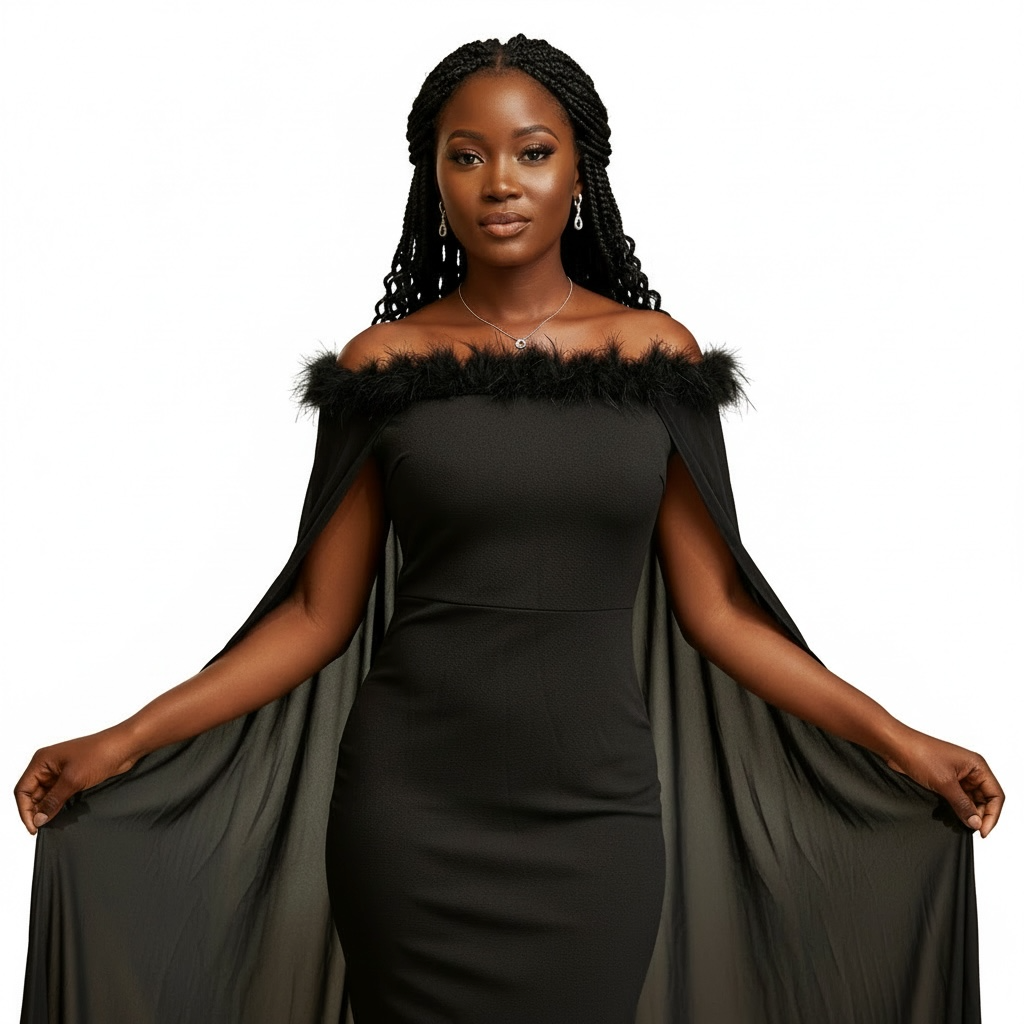 Feathered Noir Off-Shoulder Cape Midi Dress