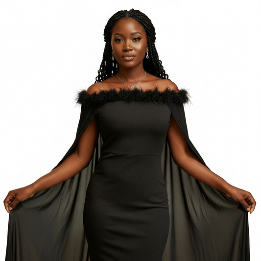 Feathered Noir Off-Shoulder Cape Midi Dress