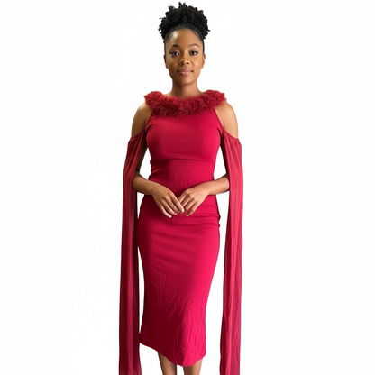 Crimson Feather-Trim Capelet Bodycon Midi Dress