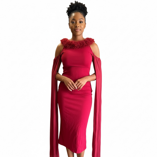 Crimson Feather-Trim Capelet Bodycon Midi Dress