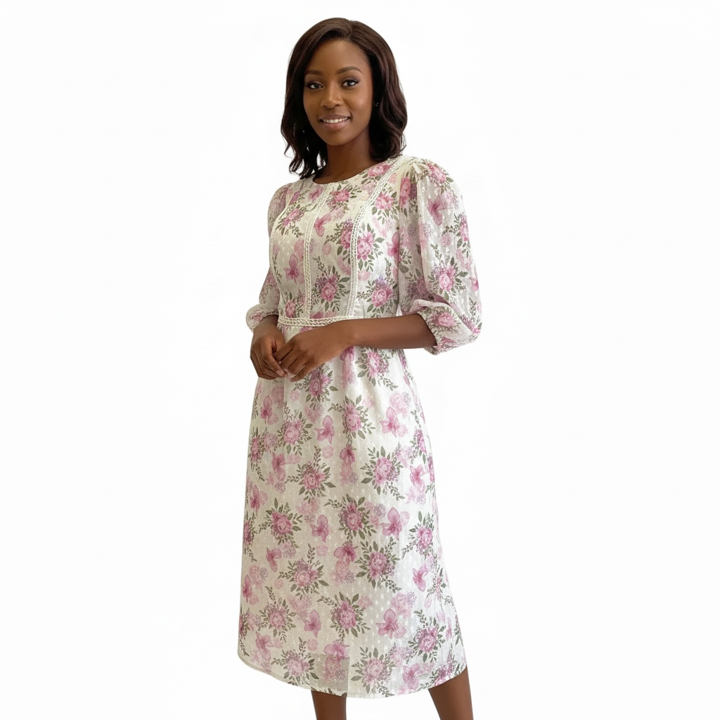 Floral Lace-Trim Puff-Sleeve Midi Dress