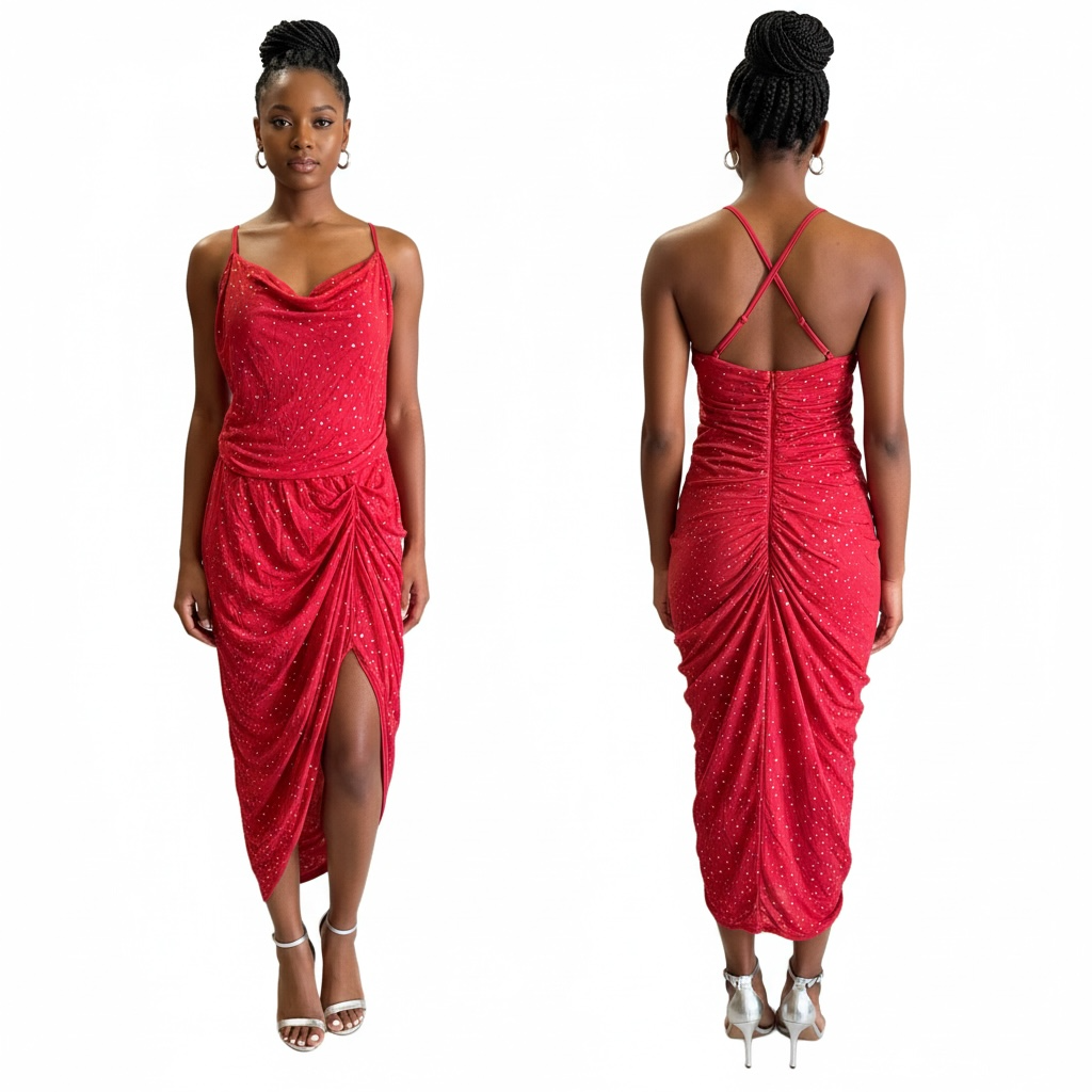 Crimson Crystal Drape Midi Dress