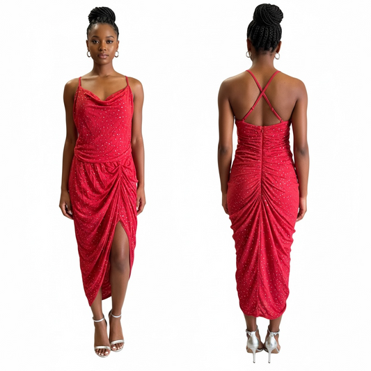Crimson Crystal Drape Midi Dress