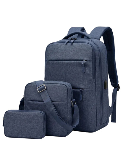 3-Piece USB Charging Backpack Set – Laptop Bag, Shoulder Bag & Pouch