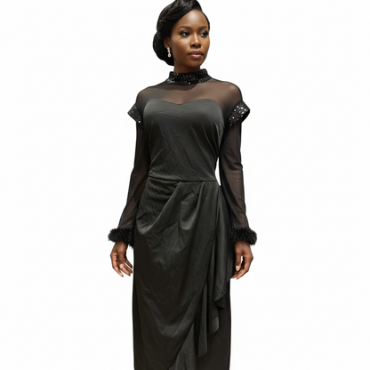 Gilded Noir Embellished Mesh & Satin Maxi Dress