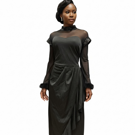 Gilded Noir Embellished Mesh & Satin Maxi Dress
