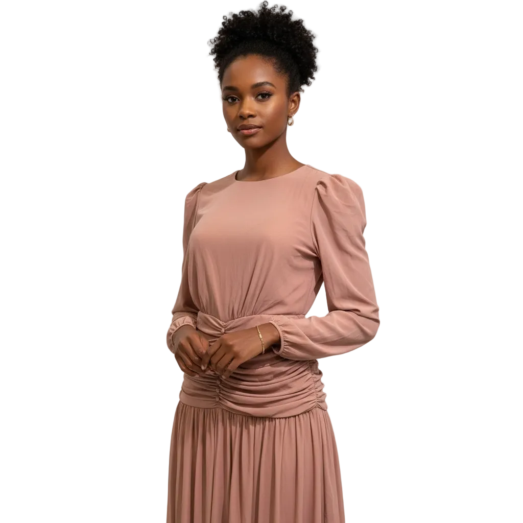 Blush Ruched Waist Puff-Sleeve Maxi Dress