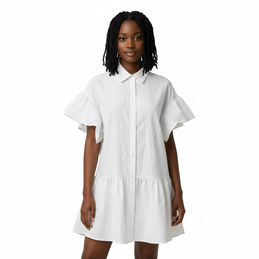 White Ruffle Sleeve Shirt Dress