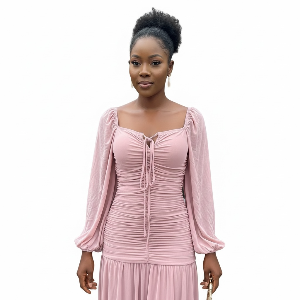 Dusty Rose Ruched Puff Sleeve Midi Dress