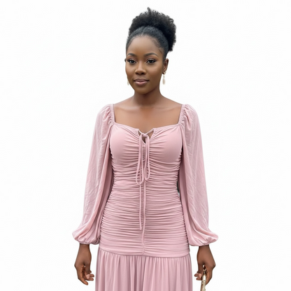 Dusty Rose Ruched Puff Sleeve Midi Dress