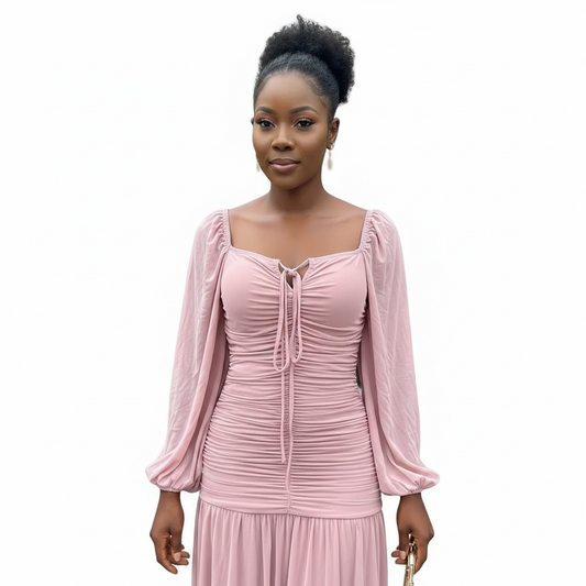 Dusty Rose Ruched Puff Sleeve Midi Dress