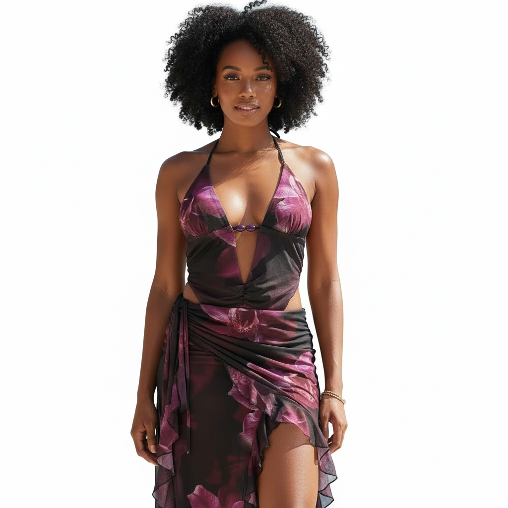 Purple Floral Halter Cut-Out Maxi Dress