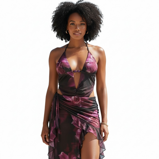 Purple Floral Halter Cut-Out Maxi Dress