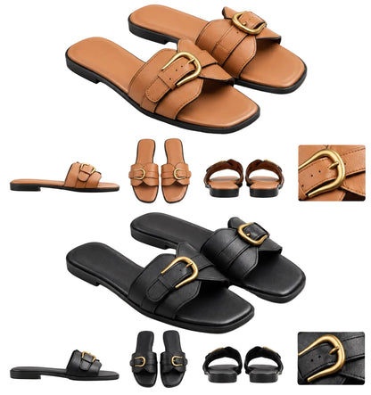 Women's Buckle Flat Slides – Classic Square-Toe Sandals
