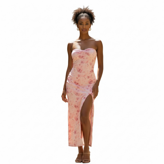 Rose Bloom Strapless Slit Maxi Dress