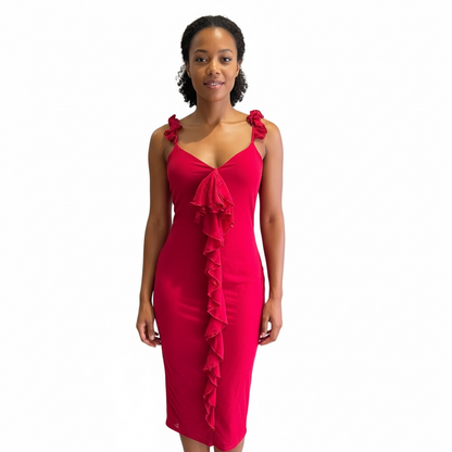Fiery Red Ruffle Cascade Midi Dress