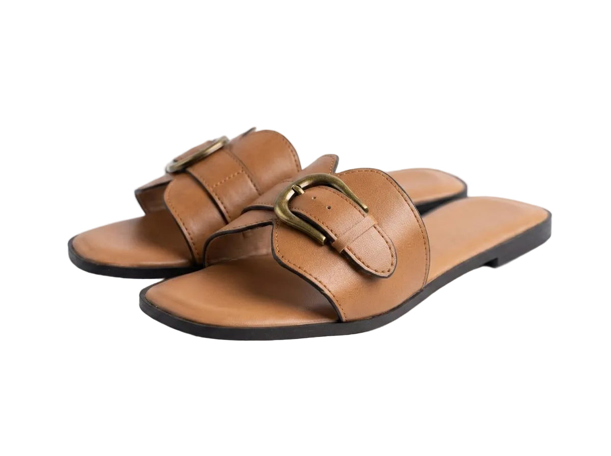 Women's Buckle Flat Slides – Classic Square-Toe Sandals